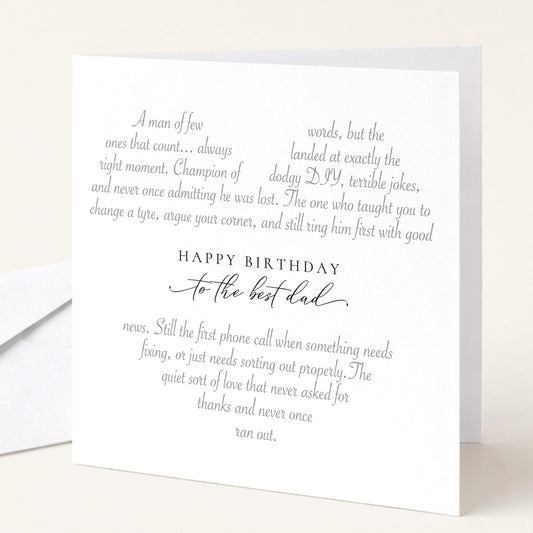 Poem birthday card for dad, a man of few words, dodgy DIY jokes
