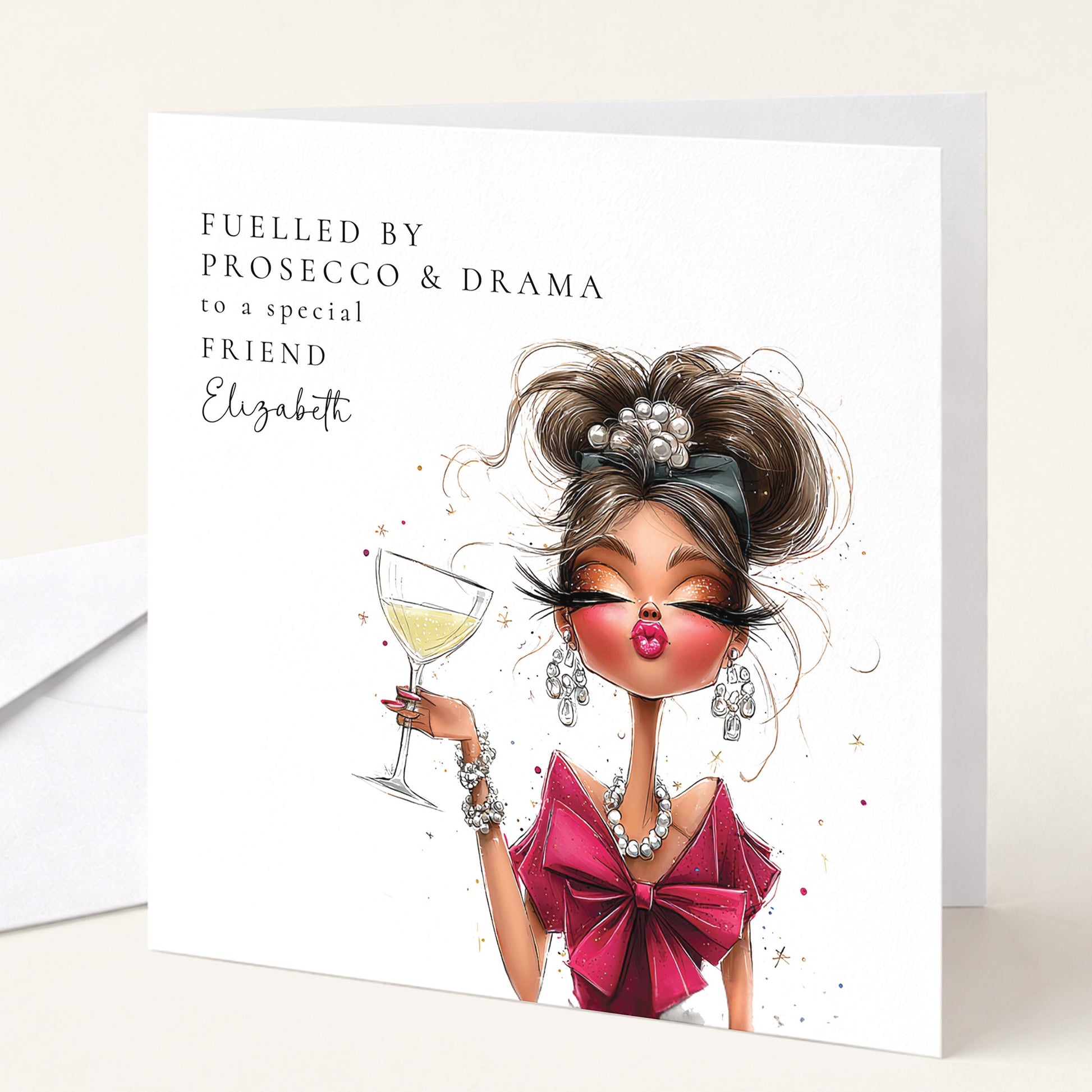 Glamour illustration birthday card for friend, fuelled by prosecco and drama