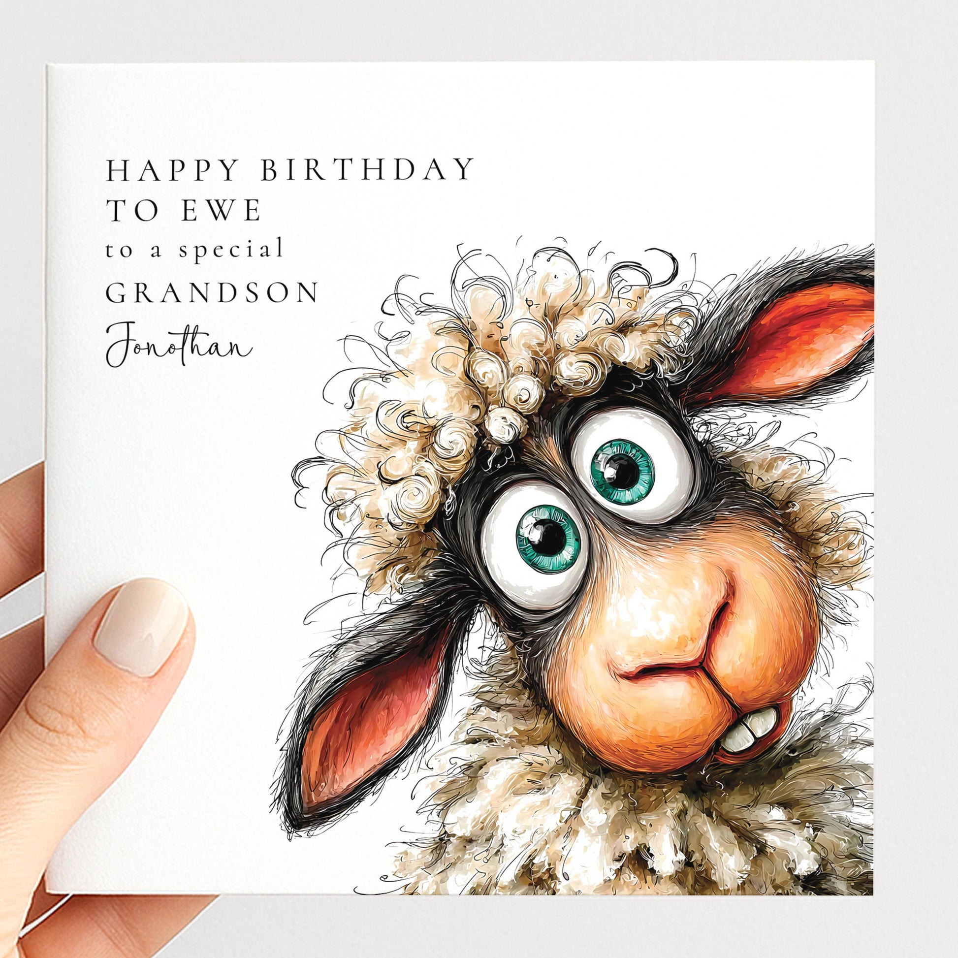 Funny sheep birthday card personalised for grandson, happy birthday to ewe pun
