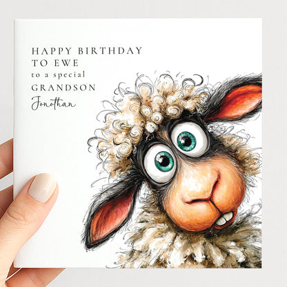 Funny sheep birthday card personalised for grandson, happy birthday to ewe pun
