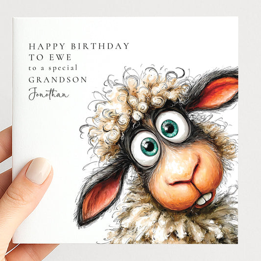 Funny sheep birthday card personalised for grandson, happy birthday to ewe pun
