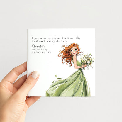 Funny Bridesmaid Proposal Card from Whimsi Lilley with playful "Will You Be..." message for asking bridesmaids.