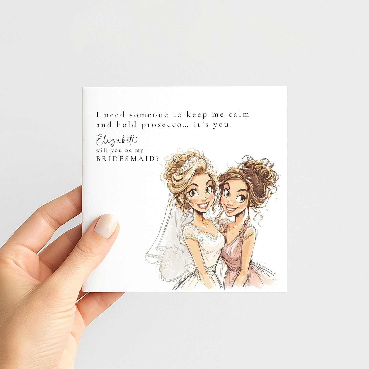 Funny Bridesmaid Proposal Card by Whimsi Lilley featuring playful "Will You Be My Bridesmaid?" message on colorful paper.