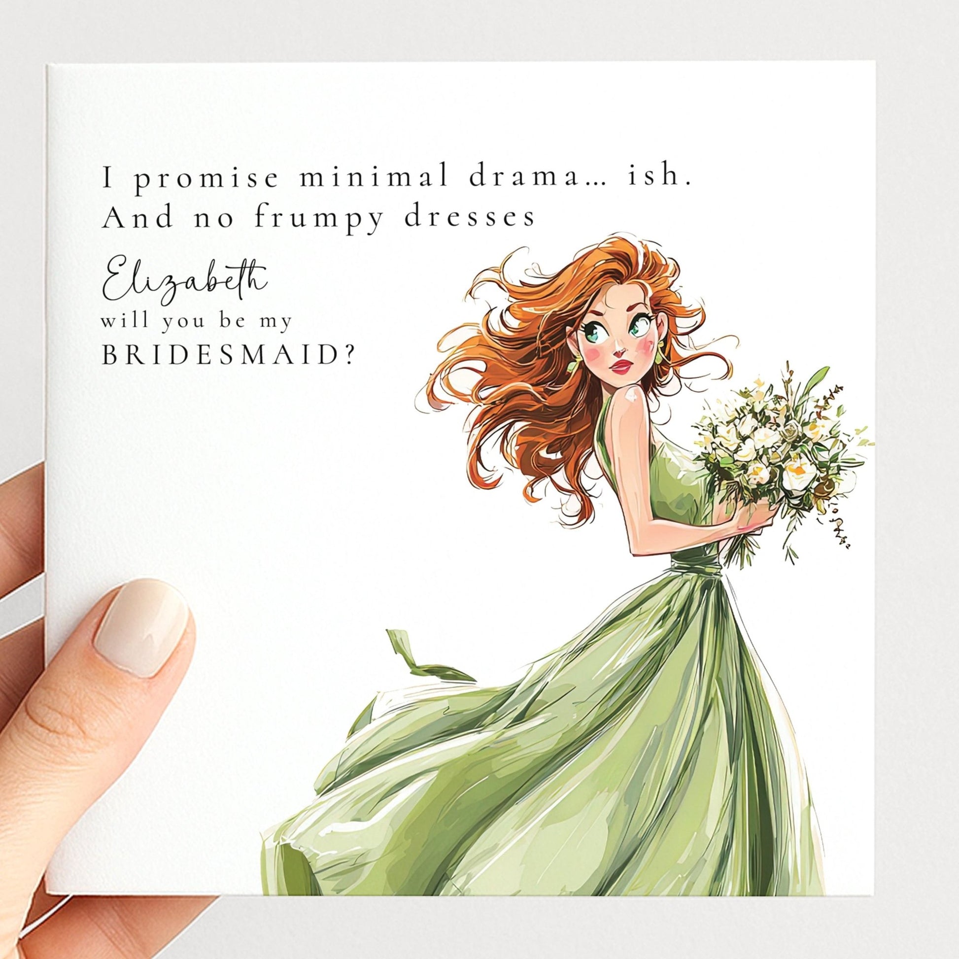 Funny bridesmaid proposal card from Whimsi Lilley with "Will You Be..." message, featuring playful and charming design.