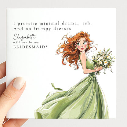Funny bridesmaid proposal card from Whimsi Lilley with "Will You Be..." message, featuring playful and charming design.