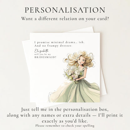 Funny Bridesmaid Proposal Card from Whimsi Lilley with playful "Will You Be..." message for asking bridesmaids.