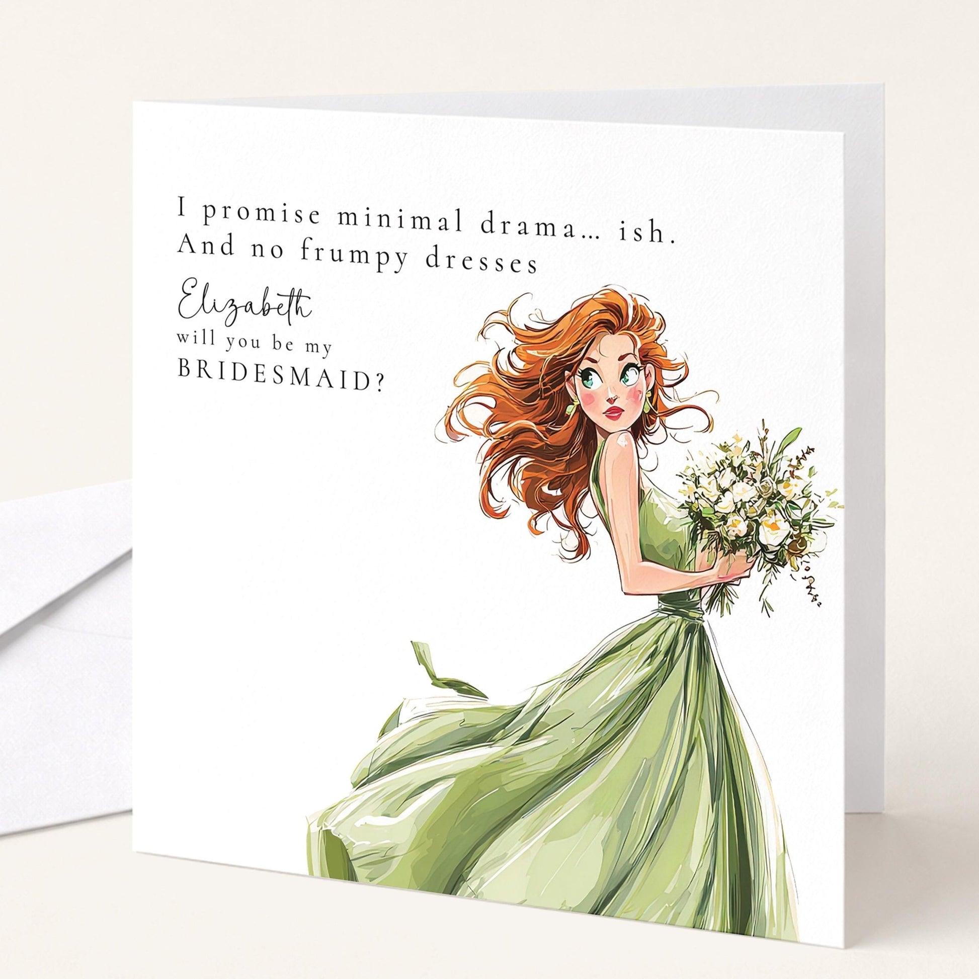 Funny Bridesmaid Proposal Card from Whimsi Lilley featuring playful "Will You Be My Bridesmaid?" design with colorful, humorous artwork.