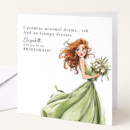 Funny Bridesmaid Proposal Card from Whimsi Lilley featuring playful "Will You Be My Bridesmaid?" design with colorful, humorous artwork.