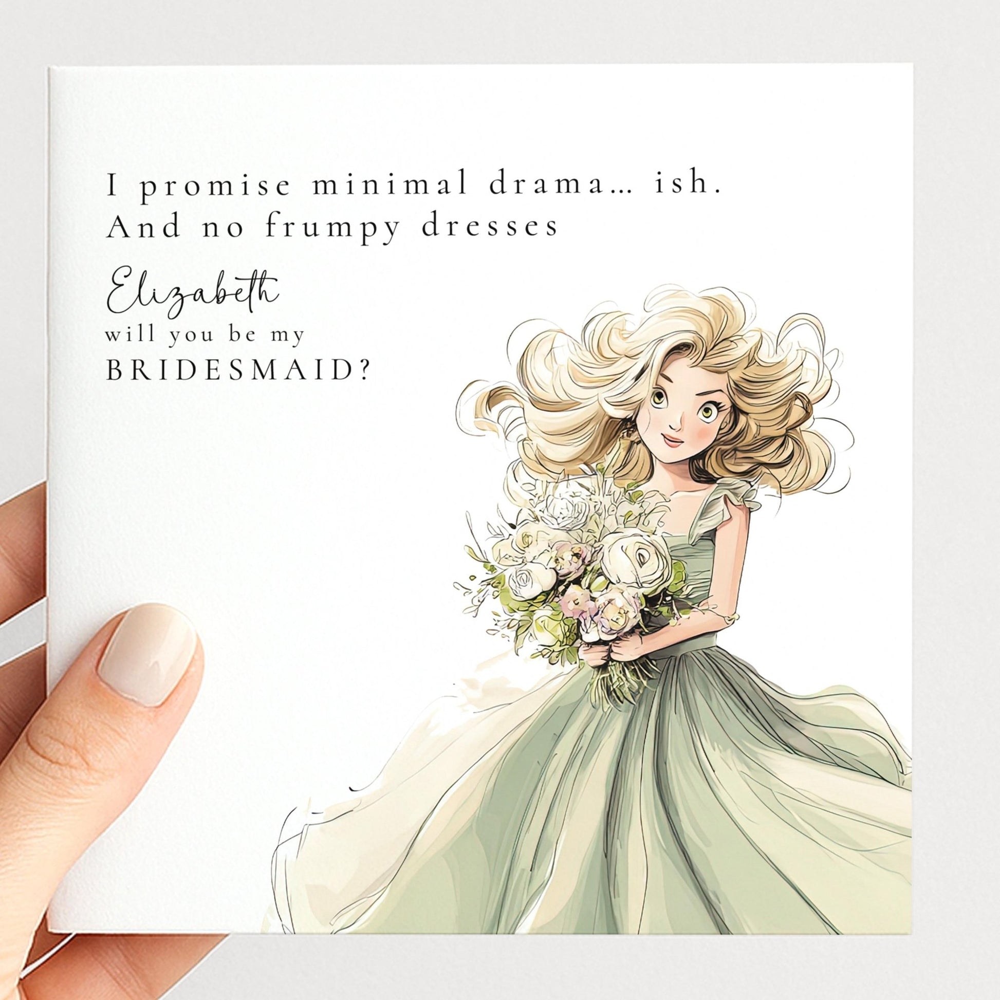Funny Bridesmaid Proposal Card by Whimsi Lilley featuring humorous "Will You Be..." message and cheerful floral design.