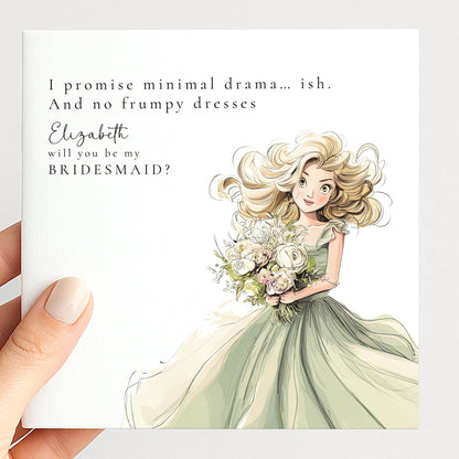 Funny Bridesmaid Proposal Card by Whimsi Lilley featuring humorous "Will You Be..." message and cheerful floral design.