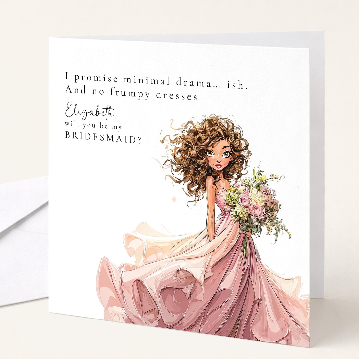 Humorous bridesmaid proposal card from Whimsi Lilley featuring "Will You Be My Bridesmaid" design with playful illustrations.