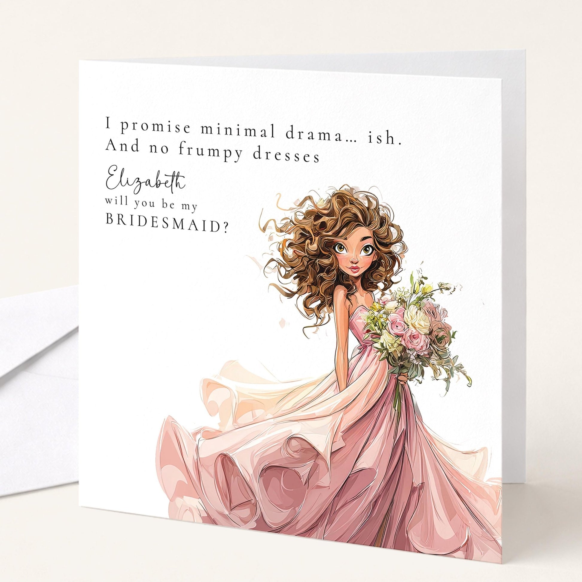 Humorous bridesmaid proposal card from Whimsi Lilley featuring "Will You Be My Bridesmaid" design with playful illustrations.