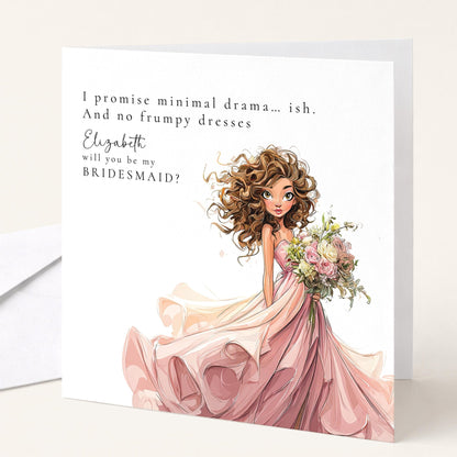 Humorous bridesmaid proposal card from Whimsi Lilley featuring "Will You Be My Bridesmaid" design with playful illustrations.