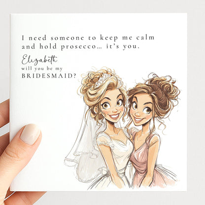 Funny Bridesmaid Proposal Card by Whimsi Lilley featuring playful "Will You Be..." message with floral and whimsical design elements.