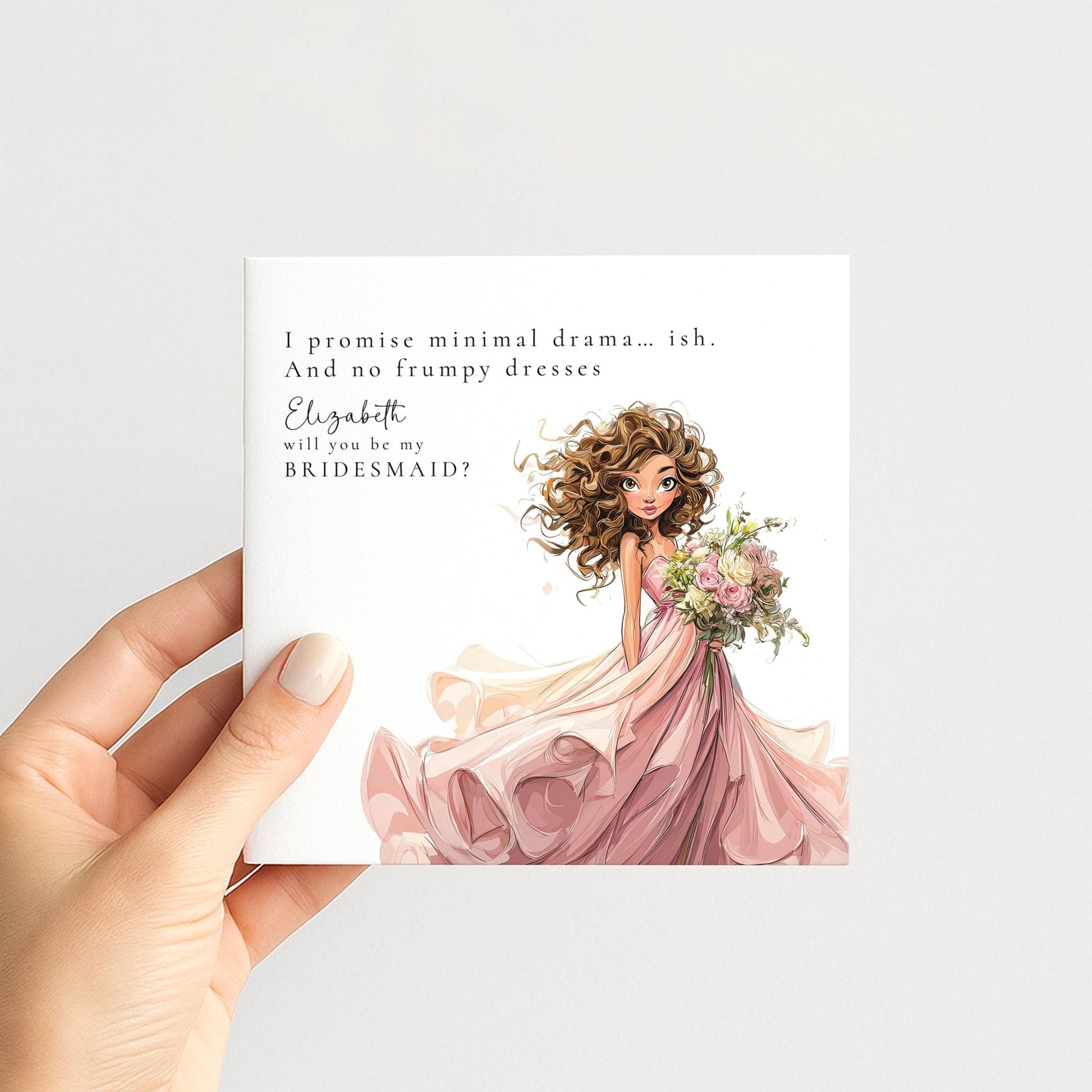 Humorous bridesmaid proposal card from Whimsi Lilley with "Will You Be My Bridesmaid?" message and playful design.