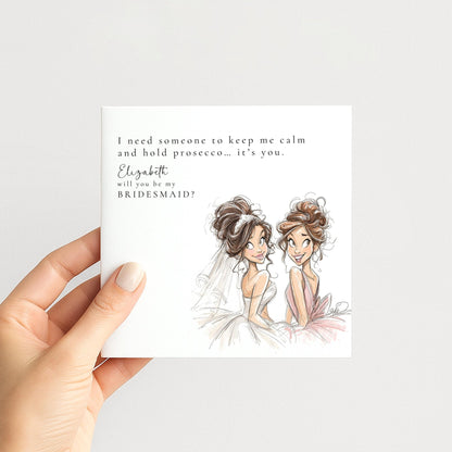 Funny Bridesmaid Proposal Card from Whimsi Lilley with playful "Will You Be..." message and colorful design.