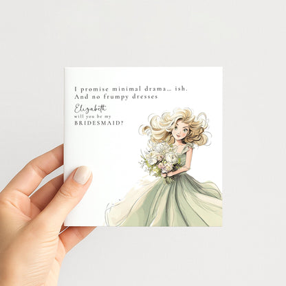Funny Bridesmaid Proposal Card by Whimsi Lilley featuring playful "Will You Be..." message on bright, humorous design.