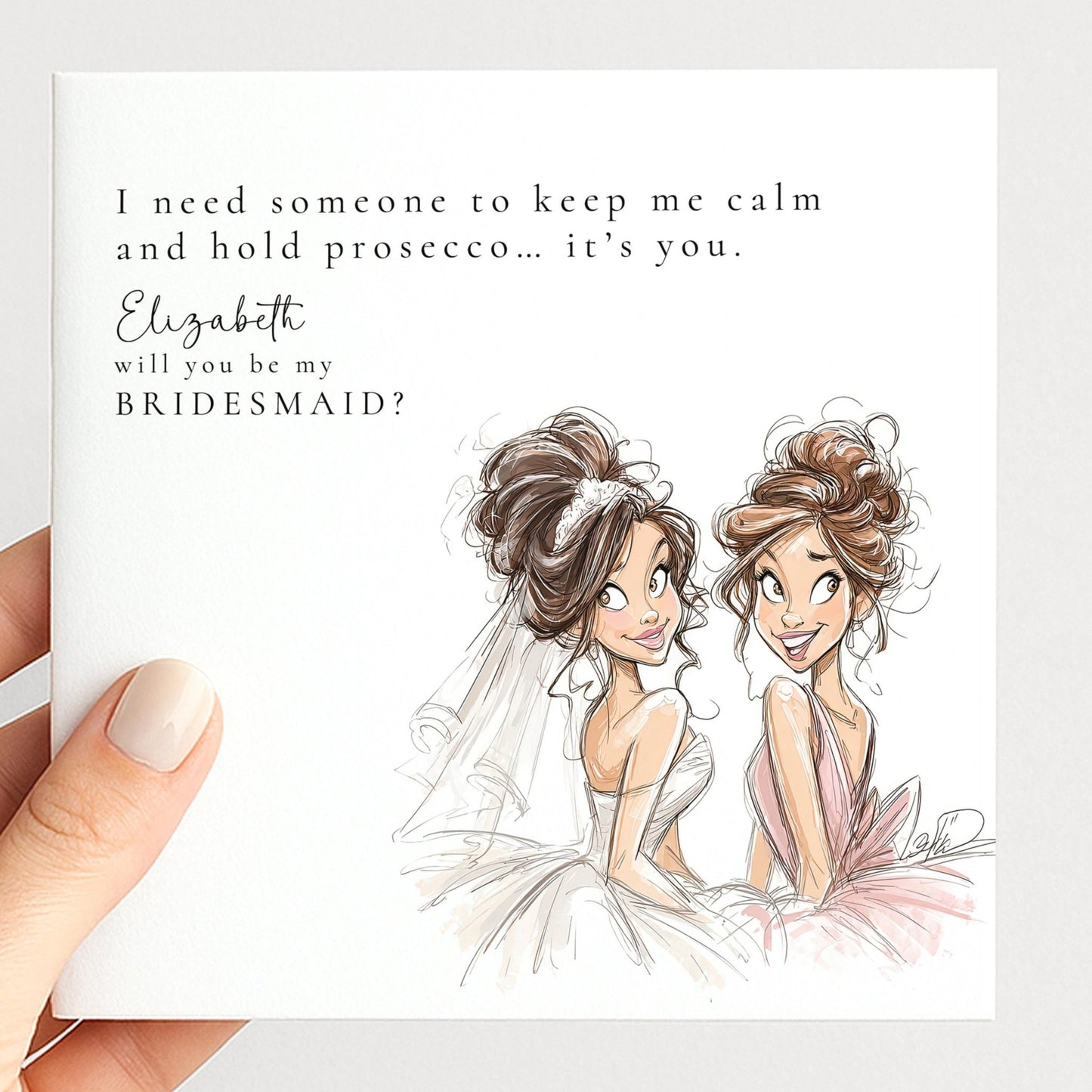 Funny Bridesmaid Proposal Card by Whimsi Lilley featuring playful "Will You Be..." message on a colorful card.