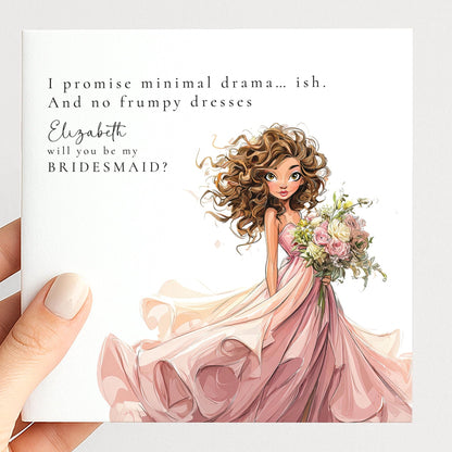Funny bridesmaid proposal card by Whimsi Lilley featuring playful "Will You Be..." message and whimsical design.