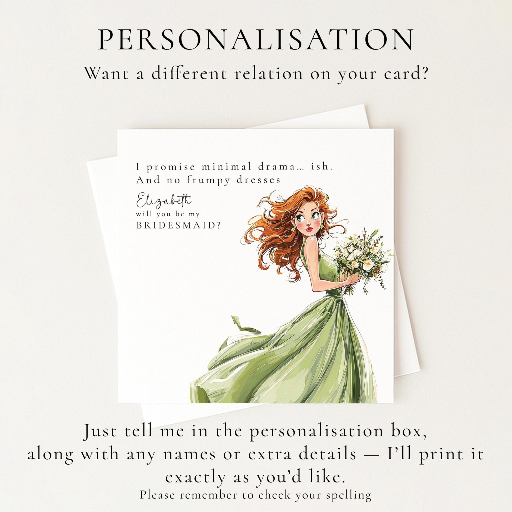 Whimsi Lilley funny bridesmaid proposal card with playful "Will You Be..." message and whimsical design.