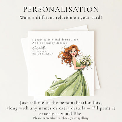 Whimsi Lilley funny bridesmaid proposal card with playful "Will You Be..." message and whimsical design.