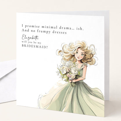 Funny Bridesmaid Proposal Card by Whimsi Lilley featuring playful "Will You Be My Bridesmaid?" design with colorful lettering.