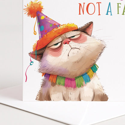 Funny Cat Birthday Card by Whimsi Lilley featuring humorous cat design and the message "Aging? Not A Fan" for birthday celebrations.