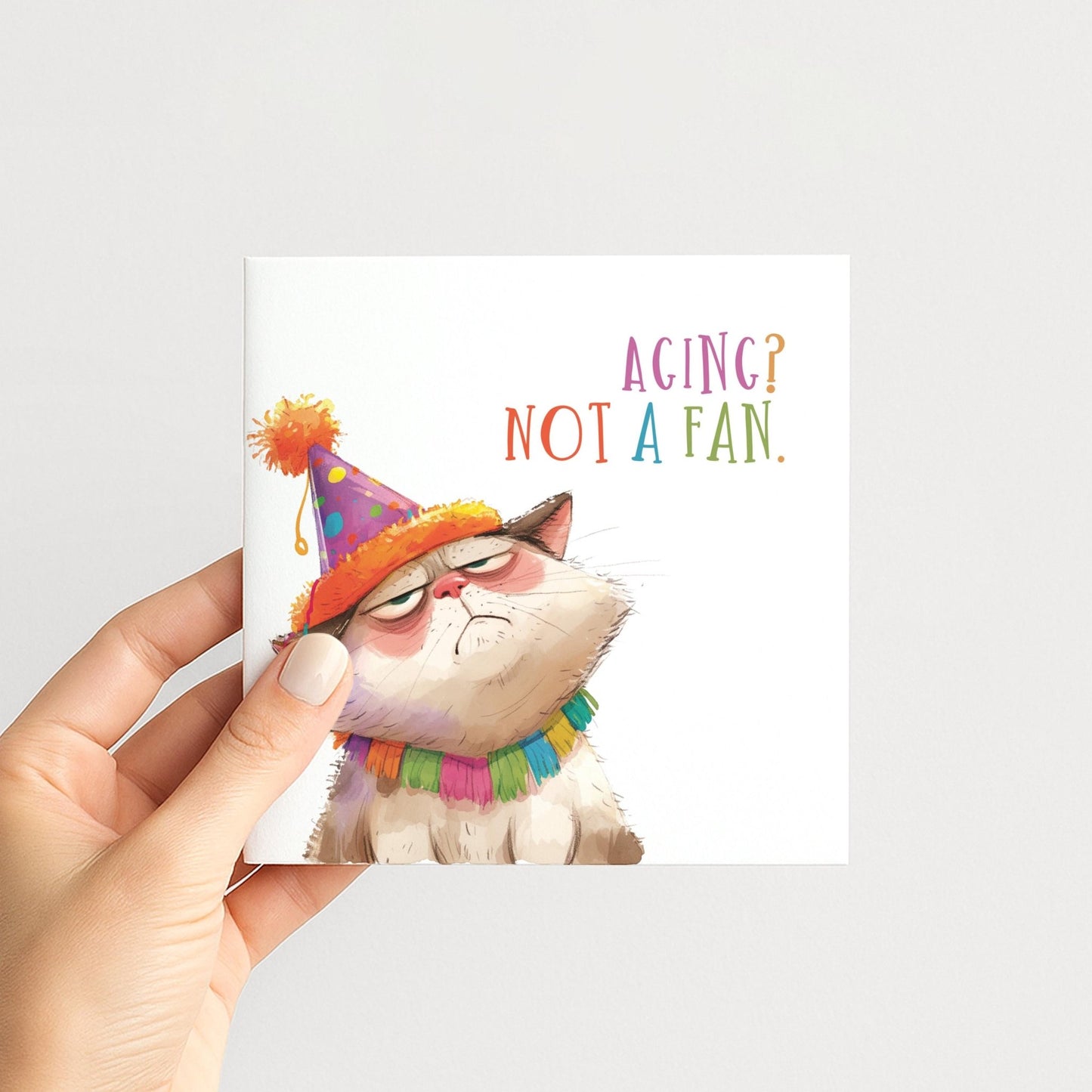 Funny Cat Birthday Card by Whimsi Lilley featuring a humorous design about aging, perfect for cat lovers celebrating birthdays.
