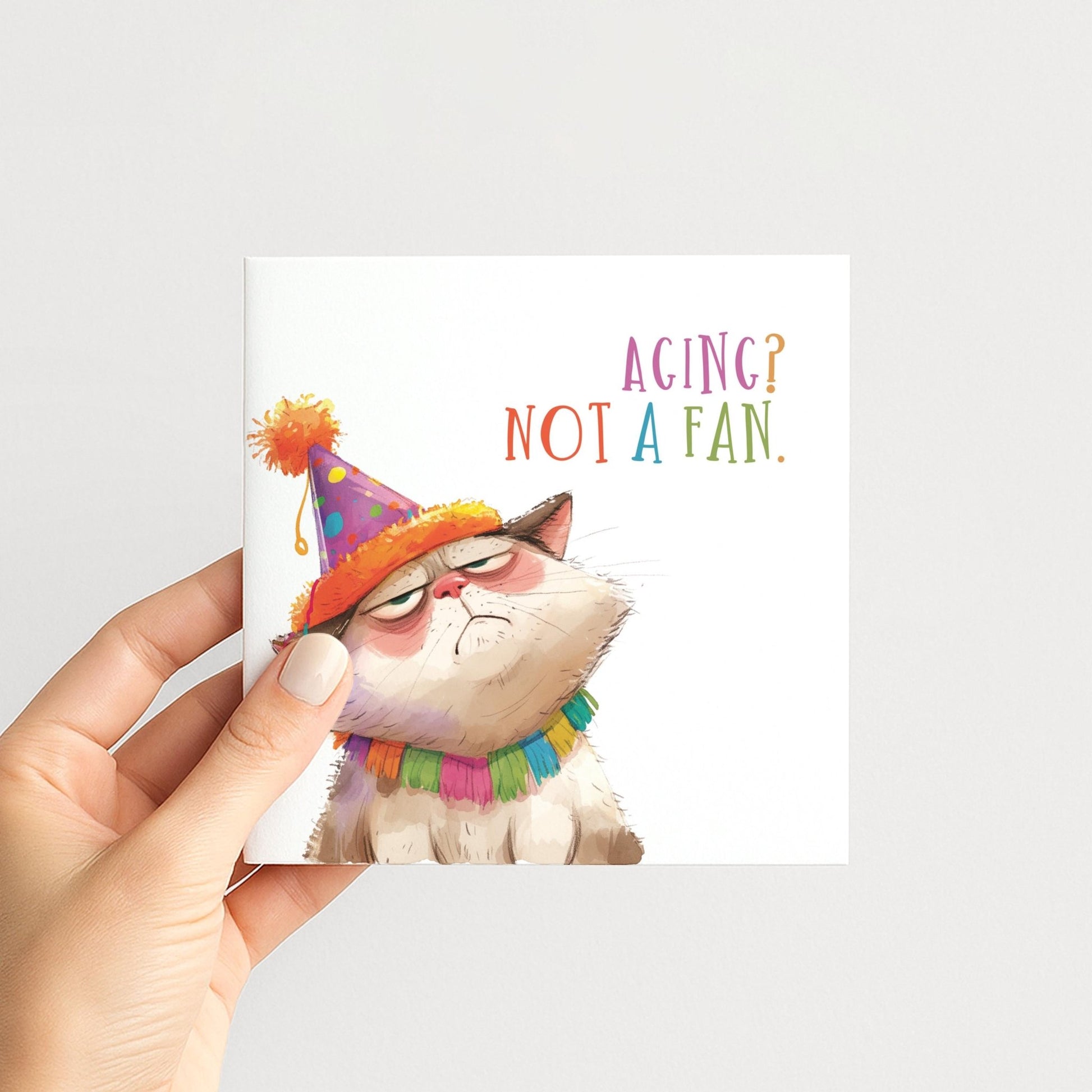 Funny Cat Birthday Card by Whimsi Lilley featuring a humorous design about aging, perfect for cat lovers celebrating birthdays.