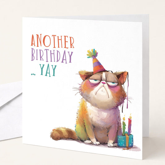 Funny cat birthday card by Whimsi Lilley featuring playful cat illustration and cheerful "Another Birthday Yay" message.