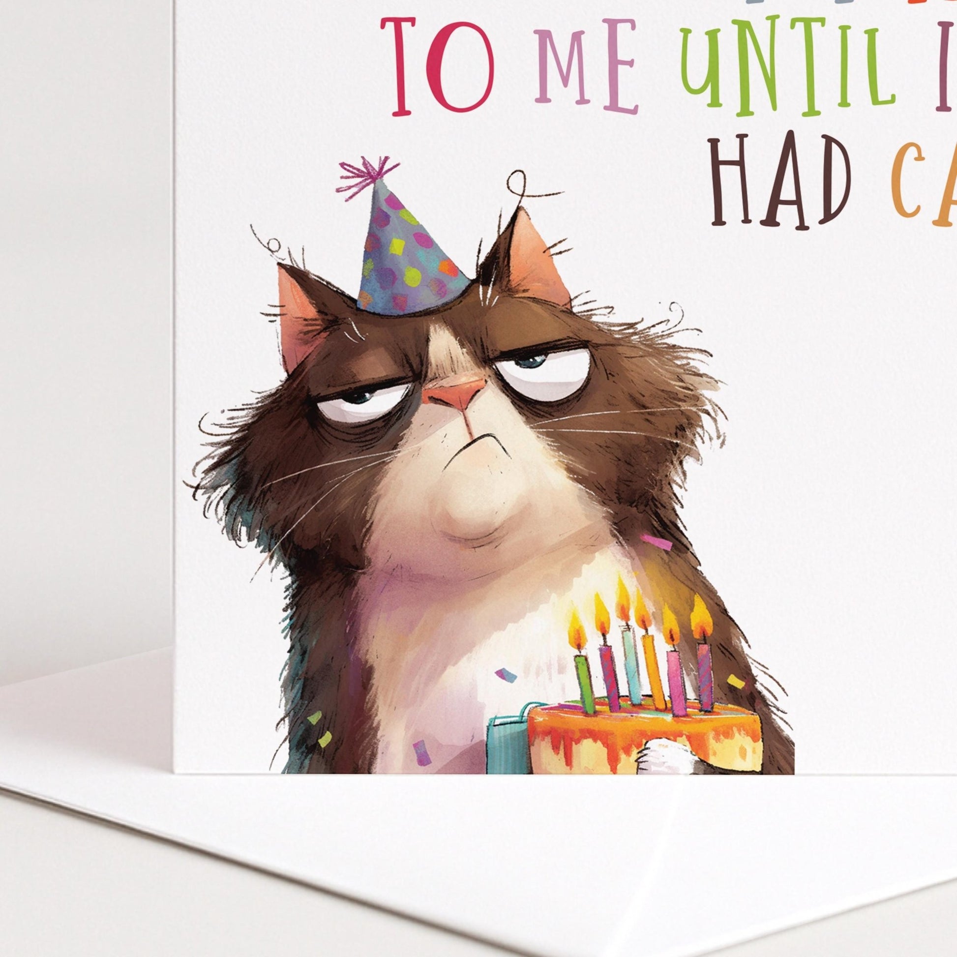 Funny Cat Birthday Card by Whimsi Lilley featuring a humorous design with a cat and playful message about cake.
