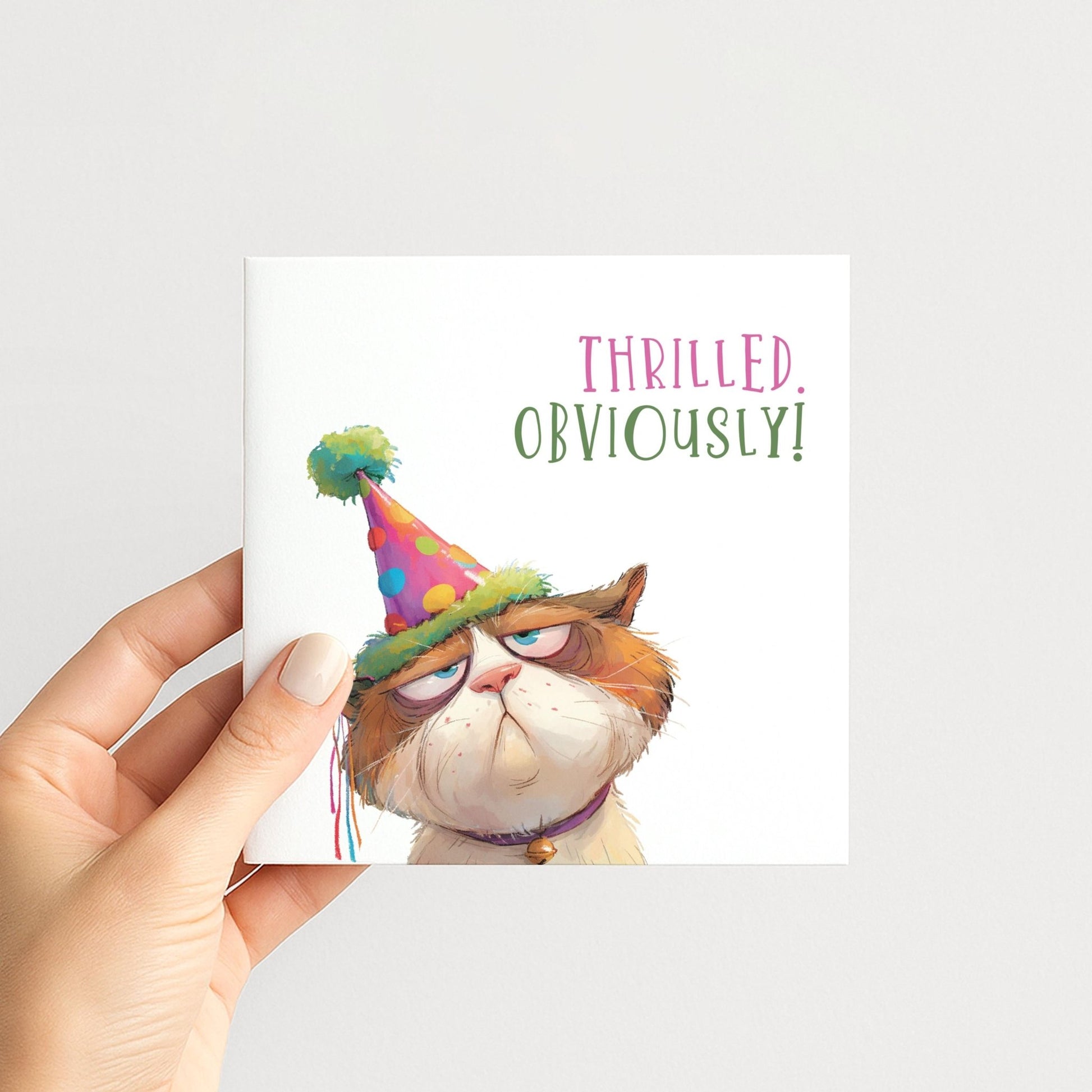 Whimsi Lilley funny cat birthday card featuring a thrilled cat with humorous expression, perfect for celebrating a special day.