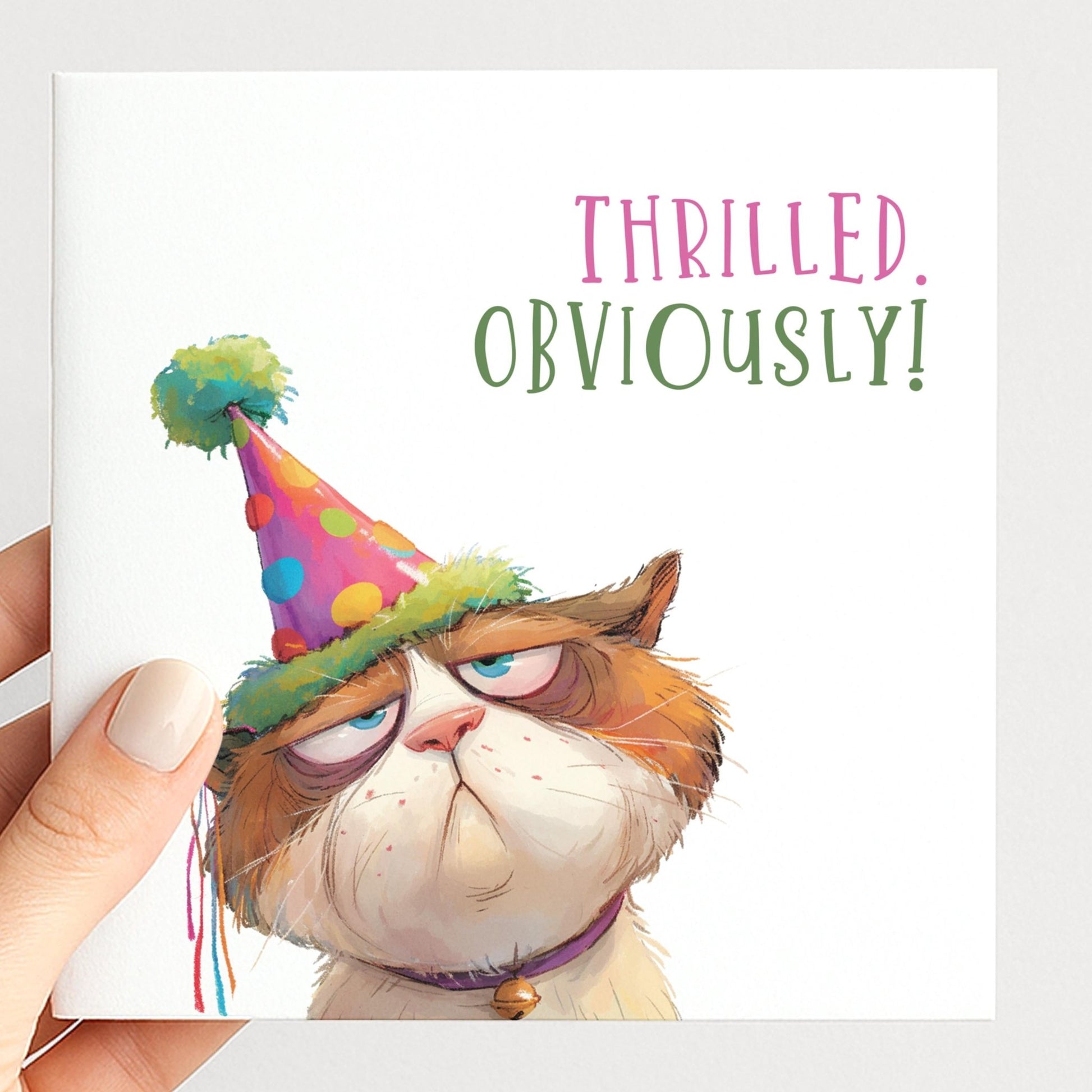 Funny Cat Birthday Card by Whimsi Lilley featuring a thrilled, expressive cat illustration for humorous birthday greetings.