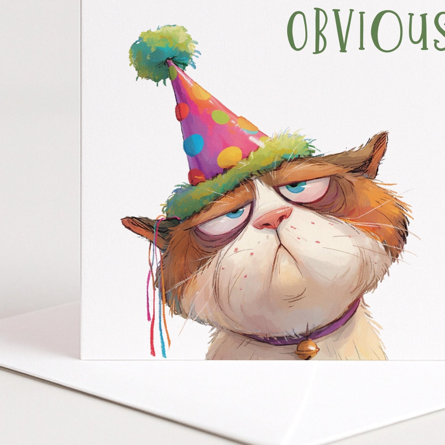 Funny cat birthday card by Whimsi Lilley featuring a thrilled, obviously amused cat illustration on a cheerful greeting card.