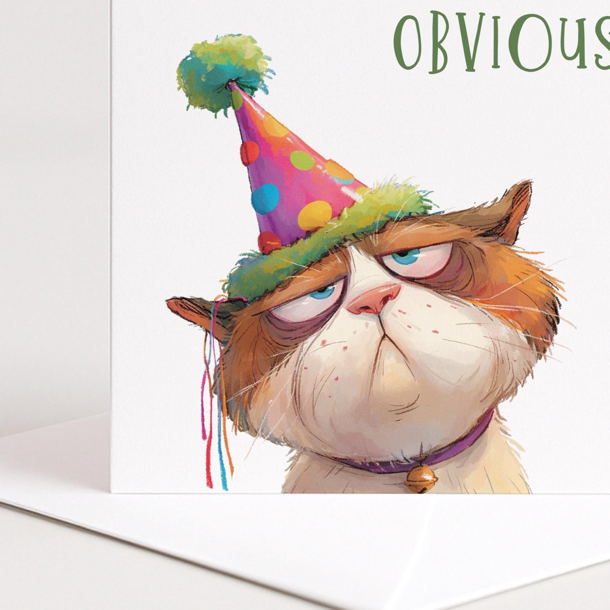 Funny cat birthday card by Whimsi Lilley featuring a thrilled, obviously amused cat illustration on a cheerful greeting card.