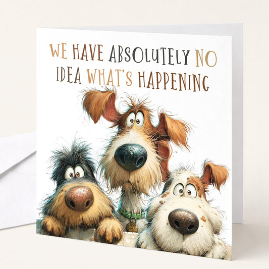 Funny dog birthday card by Whimsi Lilley featuring a humorous illustration and the phrase "We Have No Idea What’s Happening."