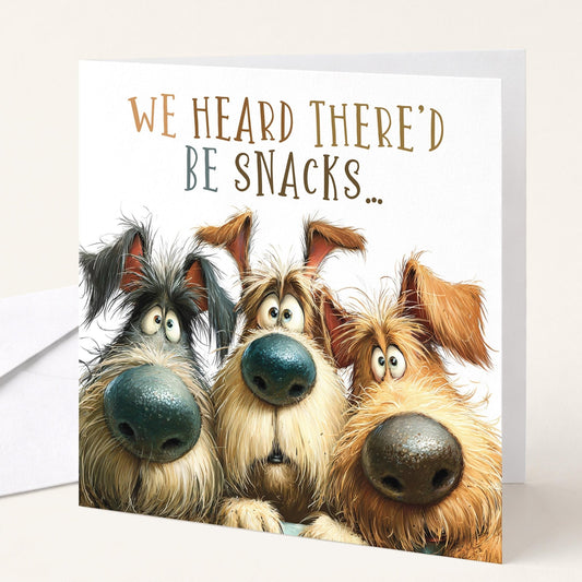 Funny dog birthday card by Whimsi Lilley featuring a humorous design with the message "We heard there’d be snacks."