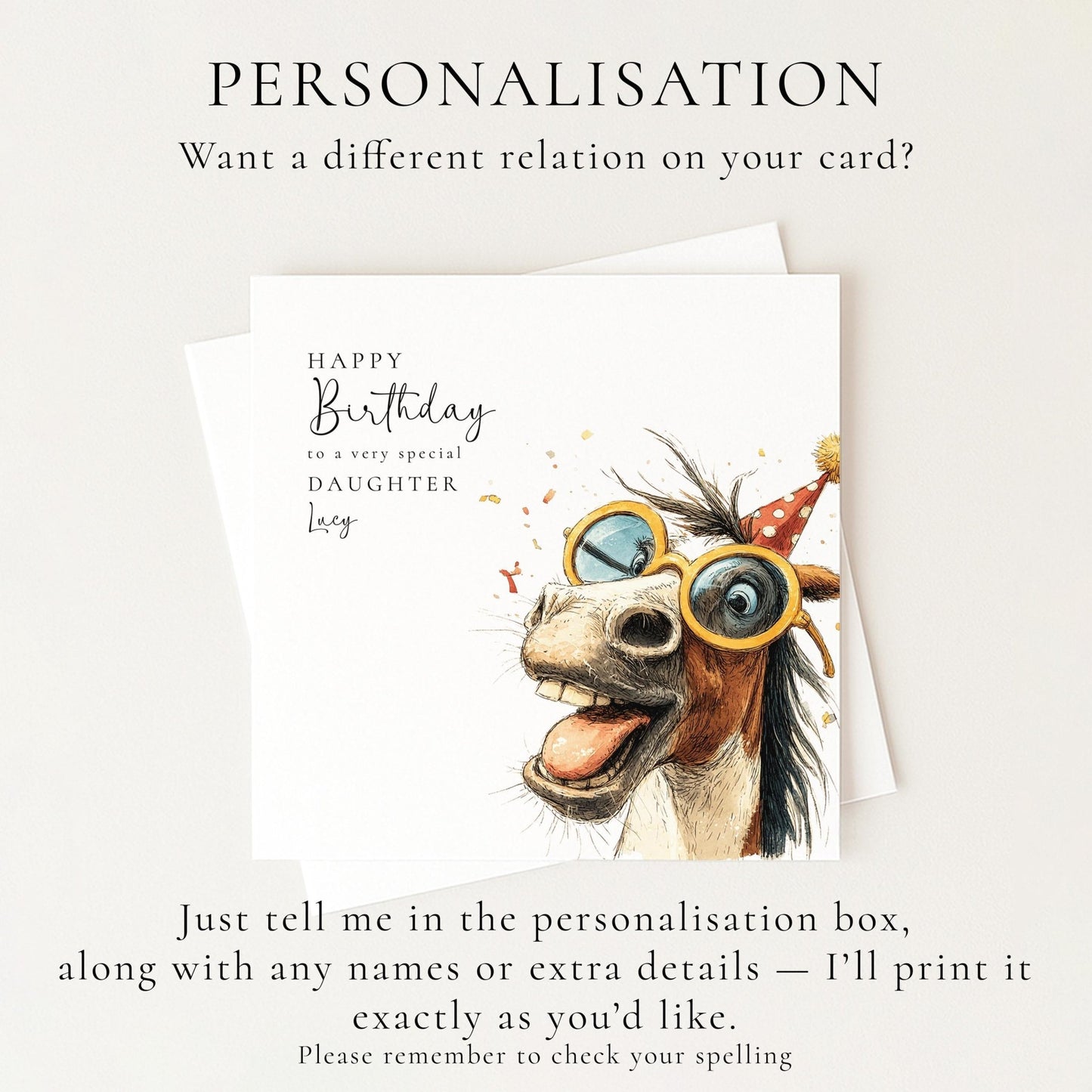 Funny Horse Birthday Card – Personalised Daughter Card With Cute Floral Illustration