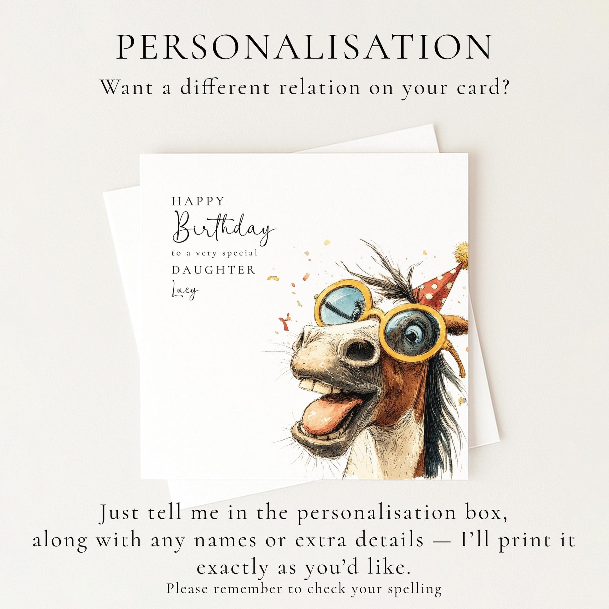 Funny Horse Birthday Card – Personalised Daughter Card With Cute Floral Illustration