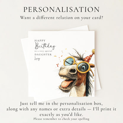 Funny Horse Birthday Card – Personalised Daughter Card With Cute Floral Illustration