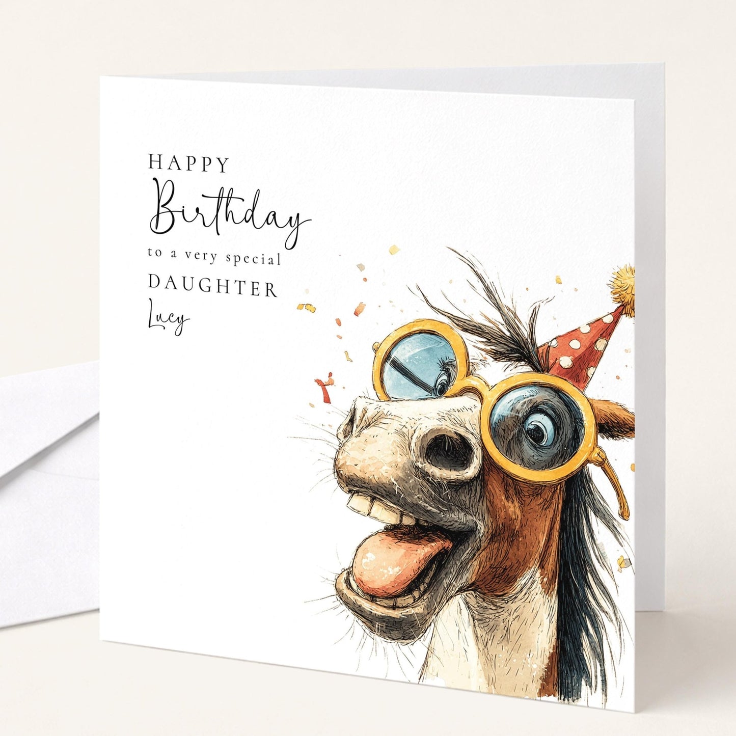 Funny Horse Birthday Card – Personalised Daughter Card With Cute Floral Illustration