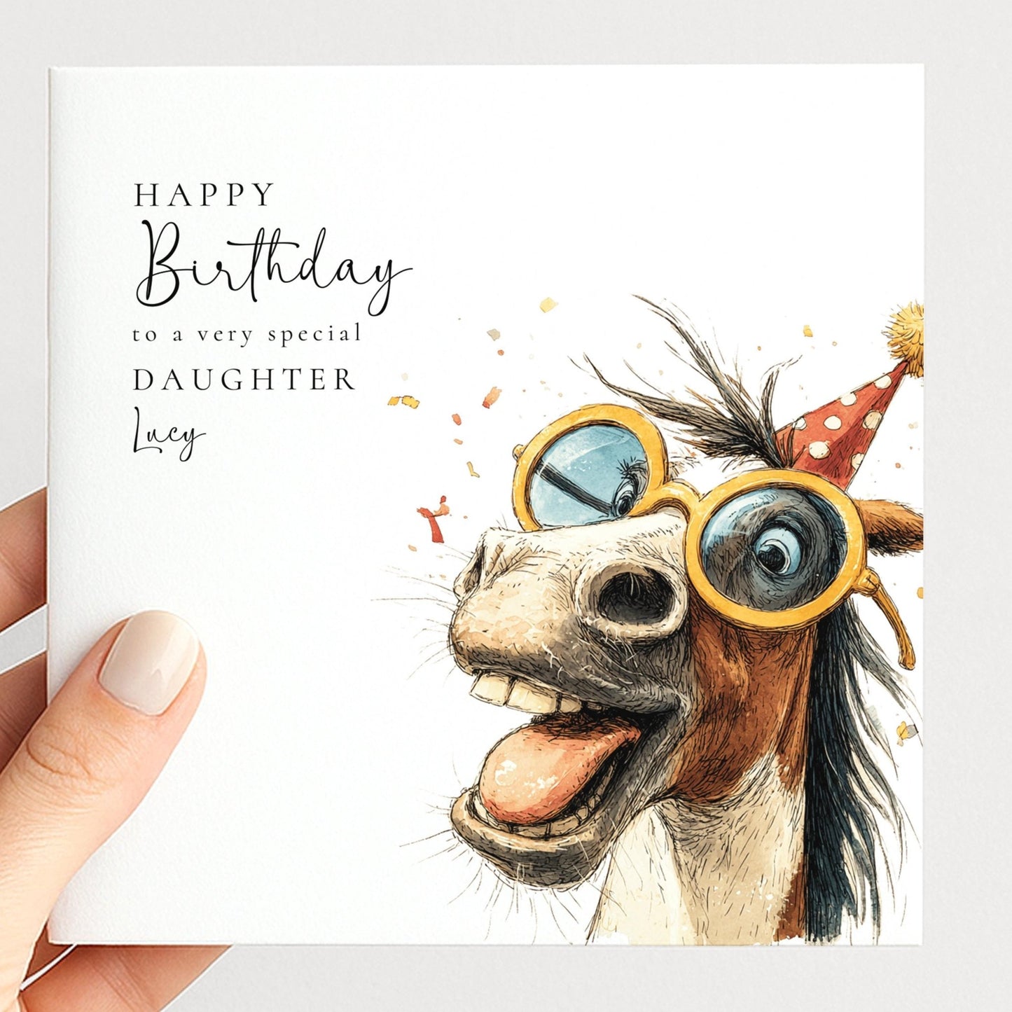 Funny Horse Birthday Card – Personalised Daughter Card With Cute Floral Illustration