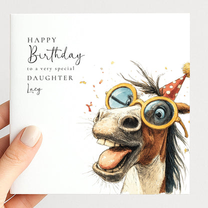 Funny Horse Birthday Card – Personalised Daughter Card With Cute Floral Illustration