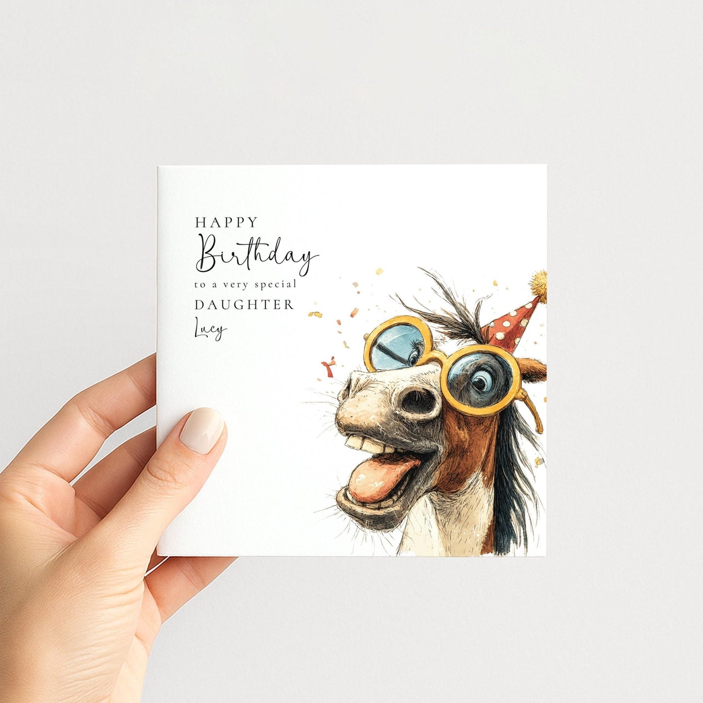 Funny Horse Birthday Card – Personalised Daughter Card With Cute Floral Illustration