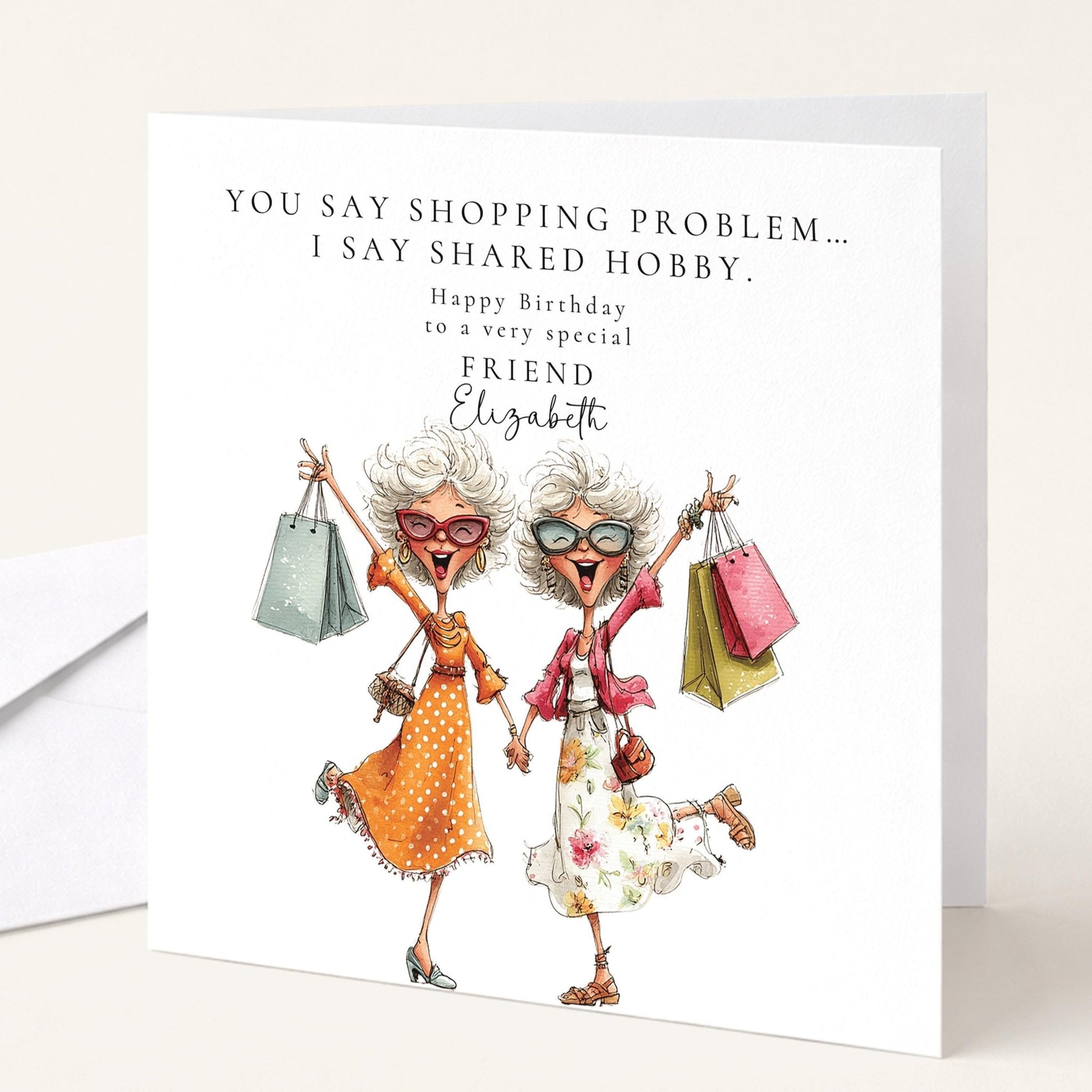 Funny Shopping Friend Card - Personalised Birthday Greeting With Custom Message