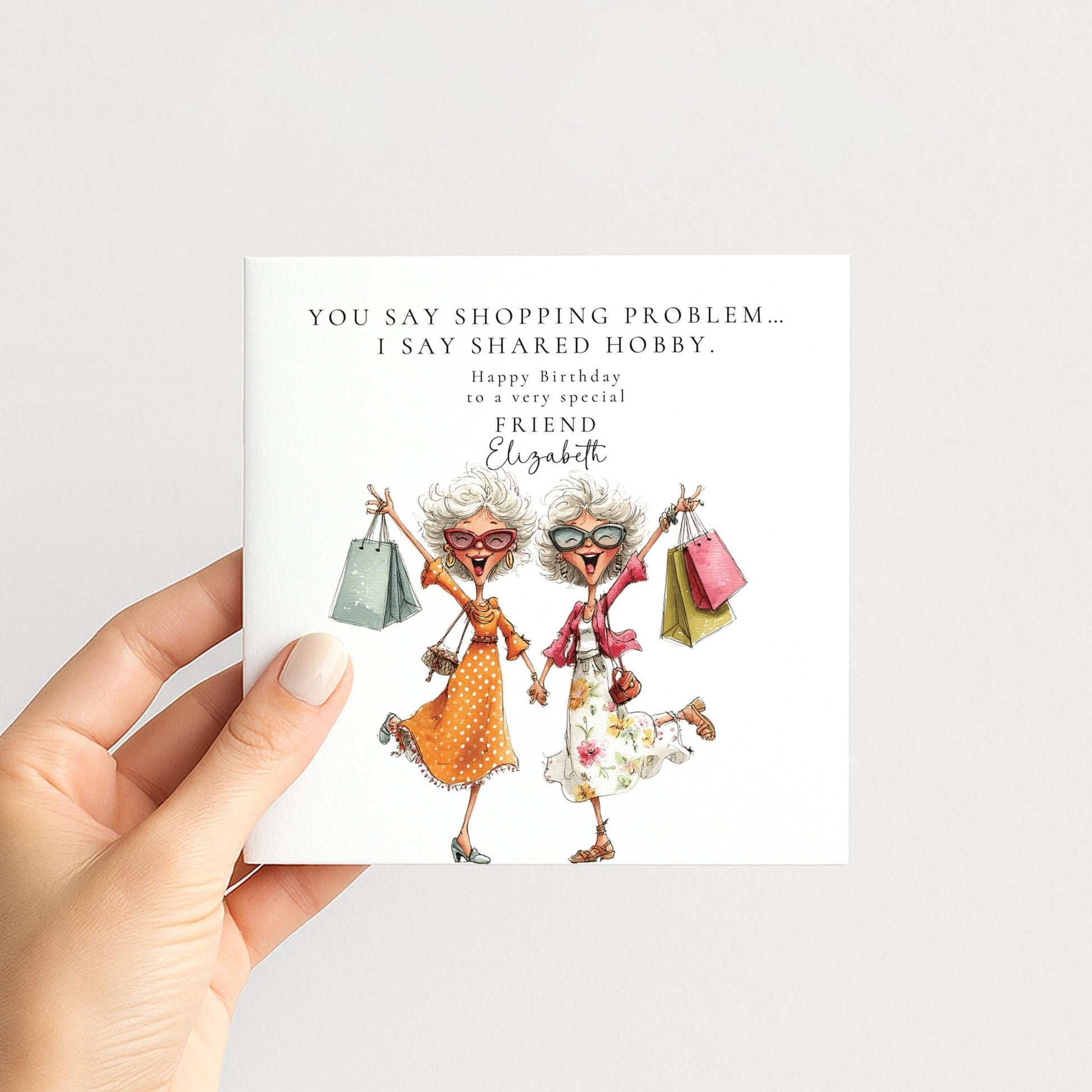 Funny Shopping Friend Card - Personalised Birthday Greeting With Custom Message