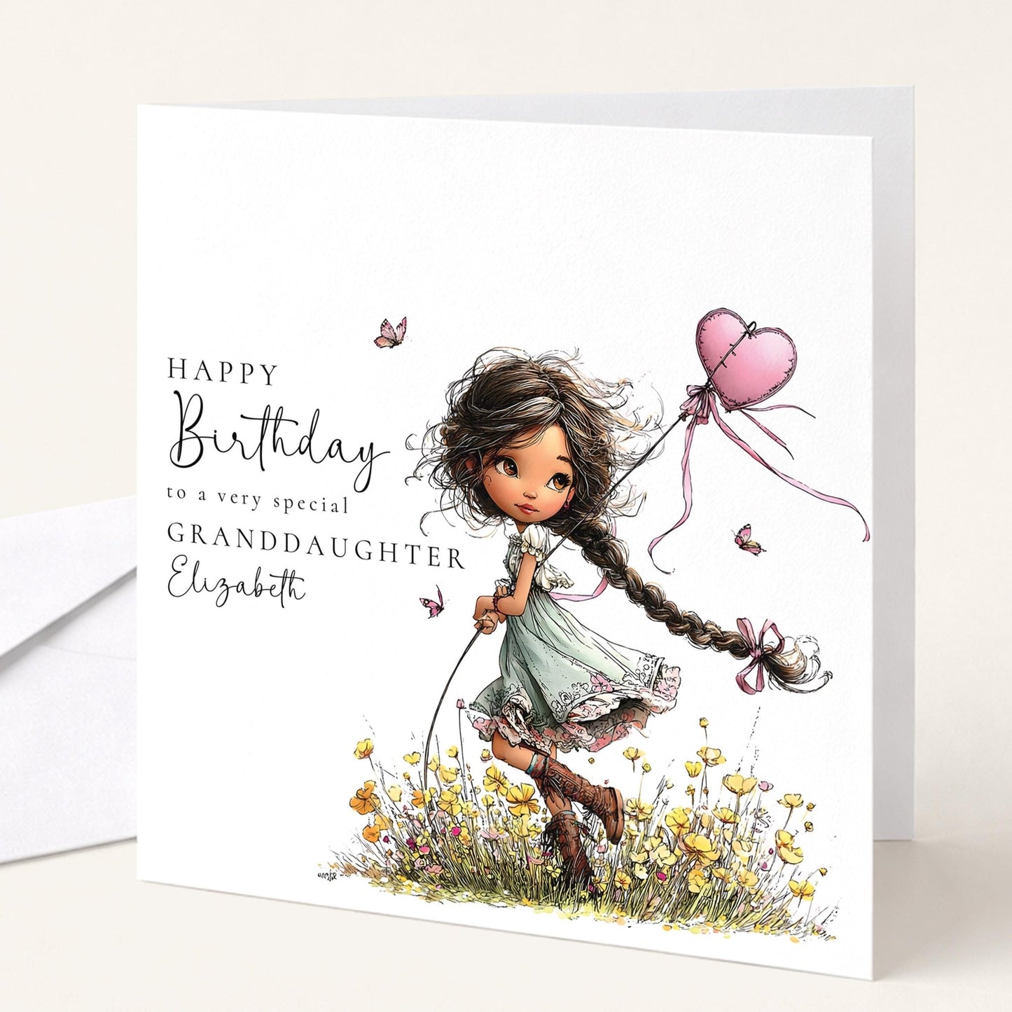 Whimsi Lilley granddaughter birthday card featuring a girl with black hair, perfect for kids' birthday celebrations.