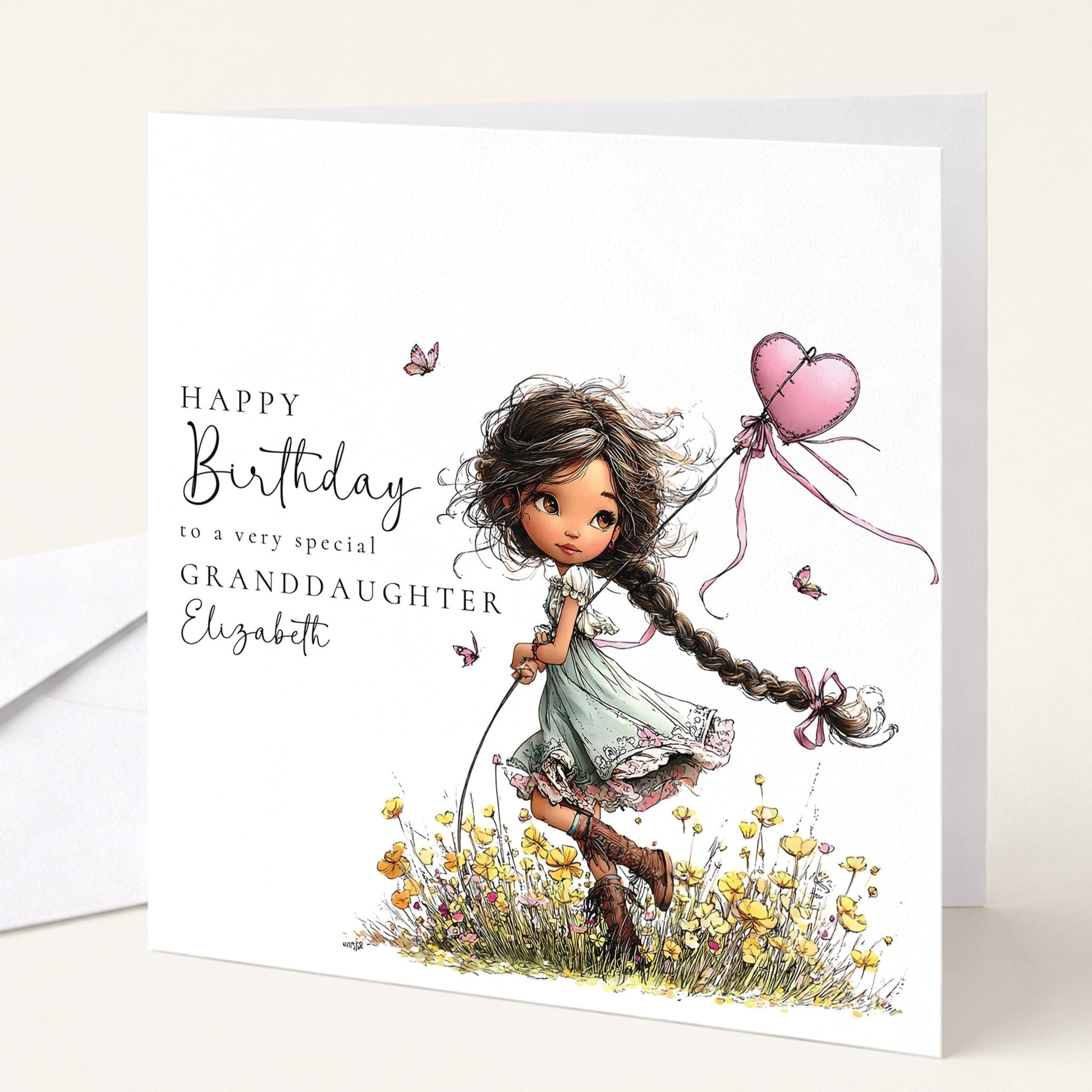 Whimsi Lilley granddaughter birthday card featuring a girl with black hair, perfect for kids' birthday celebrations.