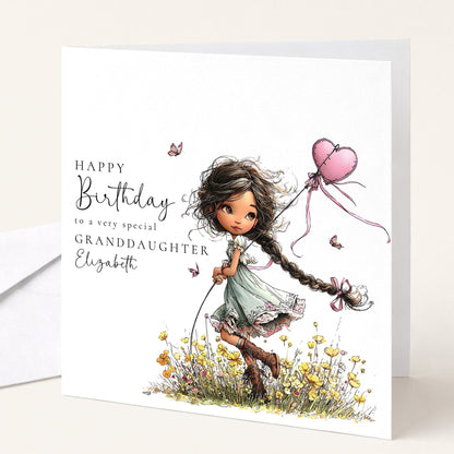 Whimsi Lilley granddaughter birthday card featuring a girl with black hair, perfect for kids' birthday celebrations.