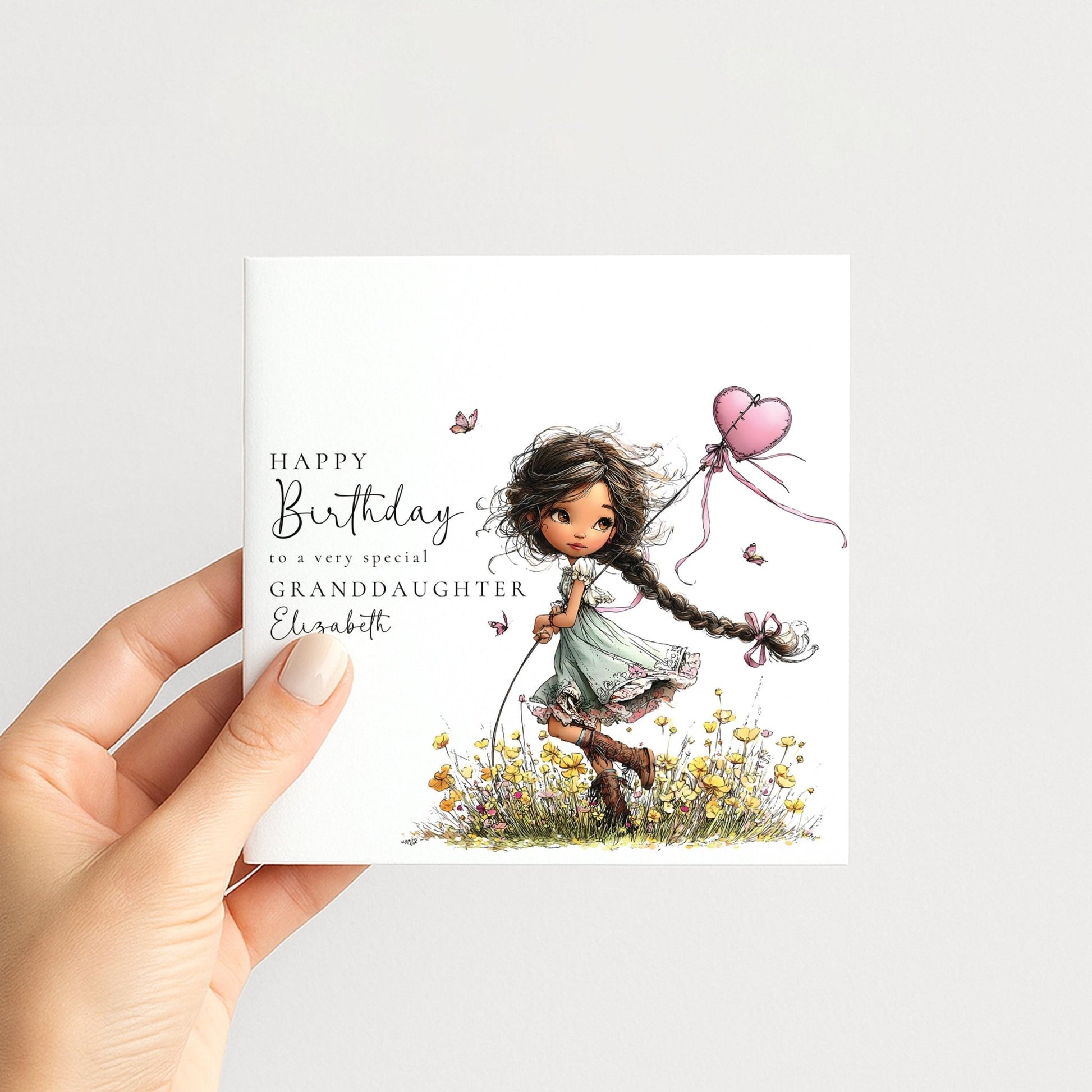 Whimsi Lilley granddaughter birthday card featuring a girl with black hair, perfect for kids' birthday celebrations.